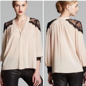 Alice & Olivia silk nude top with black lace size xs